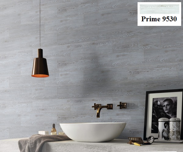 Phòng tắm được trang trí bởi mẫu gạch giả gỗ ốp tường xám trắng Prime 9530 kích thước 15x60