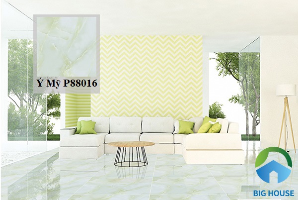 Phòng khách nổi bật hơn với mẫu gạch lát sàn màu xanh ngọc Ý Mỹ P88016